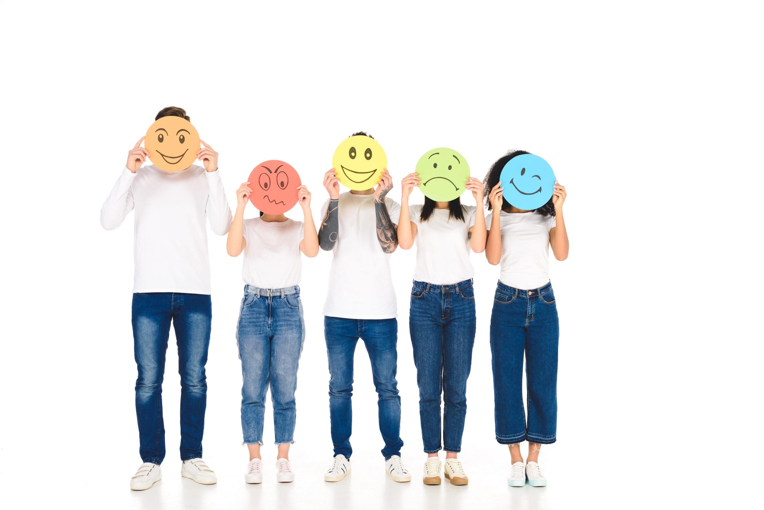 5 people holding up colored faces with various expression, wondering "are depressants more dangerous than stimulants?"