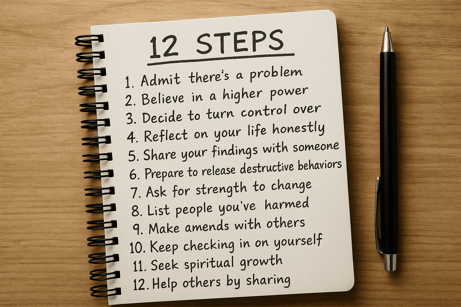 close-up of a notepad listing the 12 steps in recovery